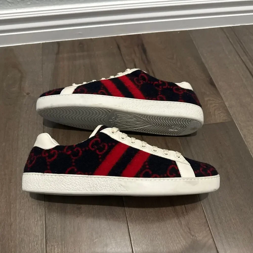 AUTHENTIC GUCCI WOOL ACE GG BLUE RED SNEAKERS 548495 GG 9.5 (fits USA 10.5)